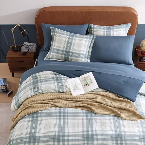 Blue Grey Full Size Plaid Comforter Set 7 Pieces Farmhouse Bed in a Bag