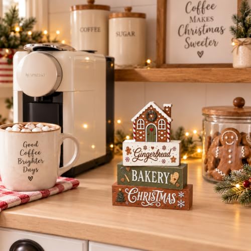 Gingerbread Tiered Tray Decor – Wooden Blocking Set for Festive Farmhouse Display