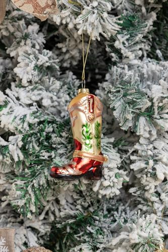 Set of 2 Hand Blown Glass Cowboy Boot Christmas Ornaments for Holiday Tree Decor