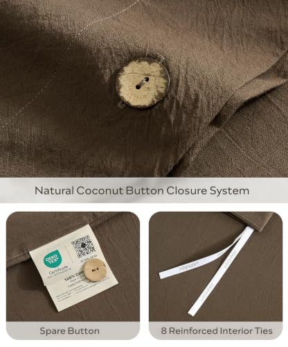JELLYMONI Queen Brown Washed Cotton Duvet Cover Set 90x90 Linen-Like Organic Style