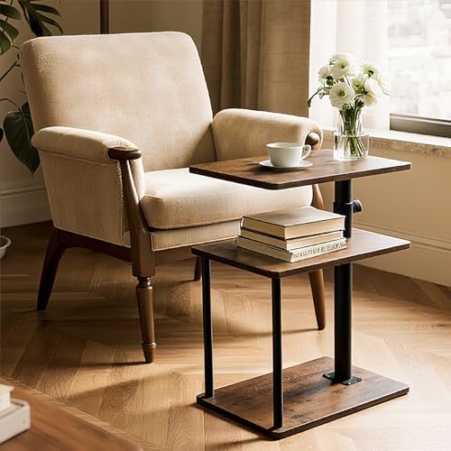 Faesun Adjustable 360° Swivel C-Shaped Side Table with Storage - Rustic Brown, Standard / Rich Edition