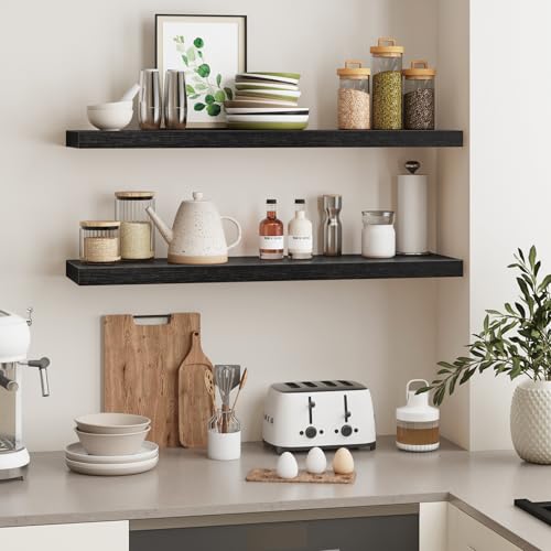 Fixwal Floating Wall Shelves Set of 2 - Black Woodgrain, 35.4 Inches