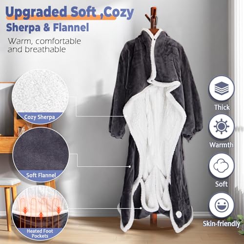 Grey Wearable Heated Blanket with Foot Pocket & Hood - Electric Throw with Sleeves, 8 Heat Levels, Auto-Off, Portable