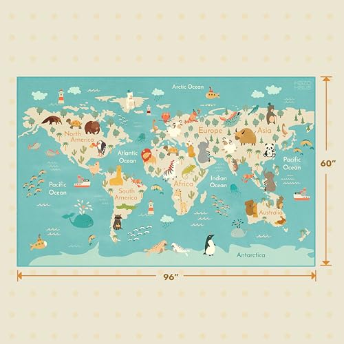 Kids Playroom Rug - Blue Planet Safari 5x8 Educational Animal World Map Non-Slip & Washable