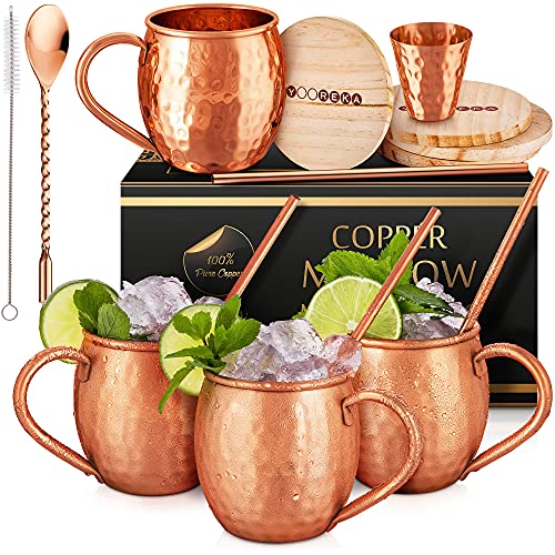 Yooreka Oval Copper Moscow Mule Mugs Set of 4 16oz Handcrafted Pure Copper Drinkware with Coasters & Accessories