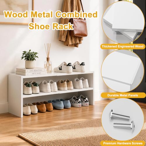 White 2-Tier Expandable Shoe Rack Organizer - 1 Pack, Sturdy Iron & Wood, Small Space Storage