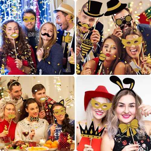 Photo Booth Props, Kaluofan 25PCS Black and Gold Party Decorations, Funny Photo Party Props Accessories for Adults and Kids, Photo Booth Props for Wedding Birthday Christmas New Year¡®s Eve