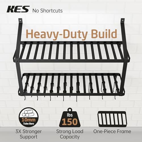 Heavy-Duty Wall Mount Pot Rack with Lid Holder - 34 Inch Black Kitchen Organizer