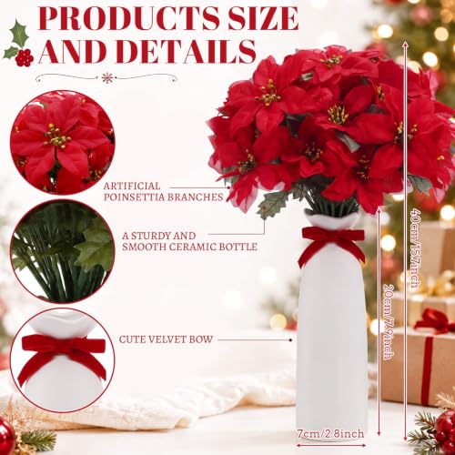 Yuefunny 2-Piece Red Christmas Poinsettia Picks with White Vase - Holiday Decor