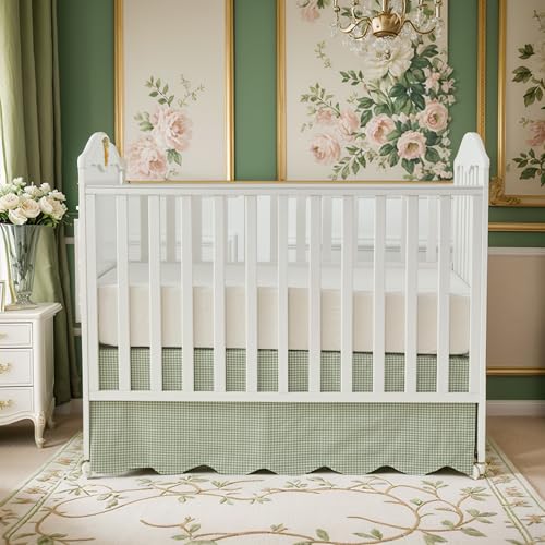 Sage Green Gingham Scallop Edge Cotton Crib Skirt - Baby Boy Girl Nursery Decor