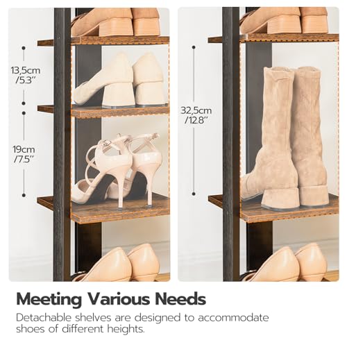 HOOBRO Rustic Brown 7-Tier Vertical Shoe Rack with Hooks, Space-Saving Entryway Organizer 11"L x 11"W x 41.3"H
