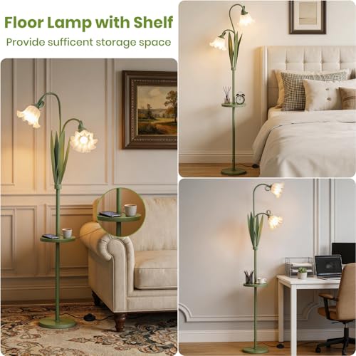 Snoslme Matcha Green Funky Flower Floor Lamp with Table, Adjustable Gooseneck, 3 Color Temperatures, LED Bright Standing Lamp for Living Room & Bedroom