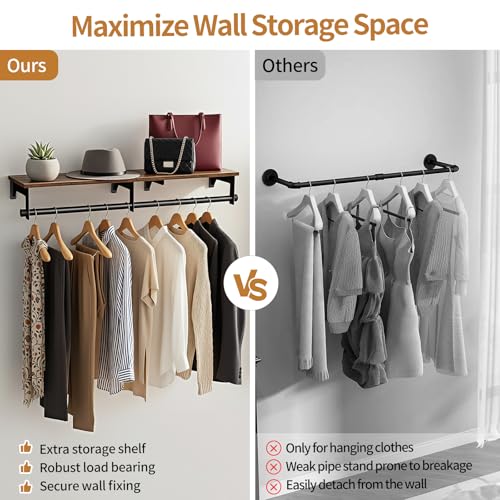 Wall Mount Clothes Rack with Wooden Shelf - Black + Brown, 43.3 Inch
