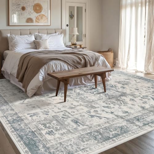 Blue & Grey 8x10 Boho Vintage Area Rug - Washable Non-Slip Living Room Carpet