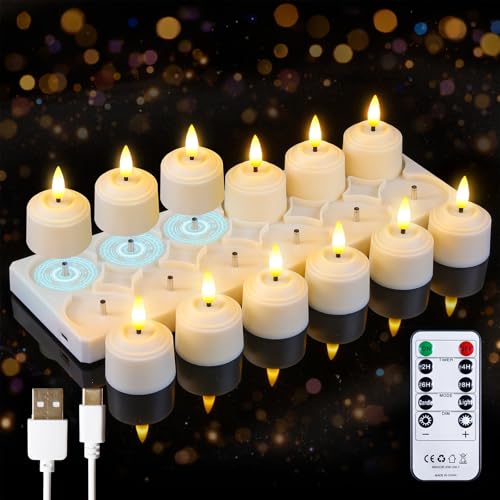 Rechargeable LED Tea Light Candles with Remote & Charging Station - Flameless Ivory Set of 12