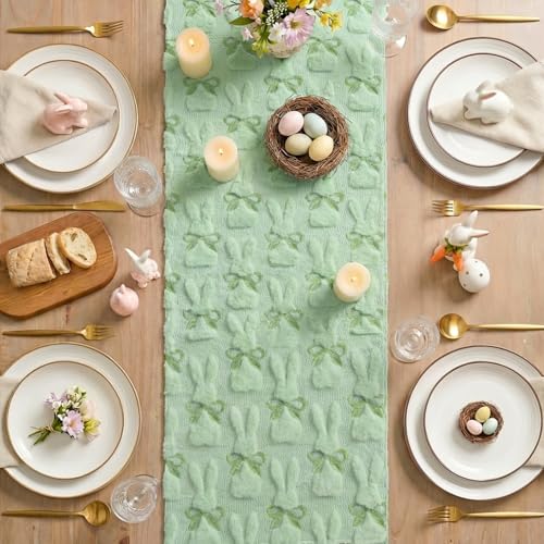 Artoid Mode Sage Green Faux Fur Jacquard Bunny Bow Table Runner 13x72 Inch for Easter & Spring Decor