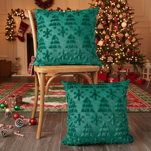 Faylapa Christmas Pillow Covers 16 x 16 inch Green Tree Set of 2
