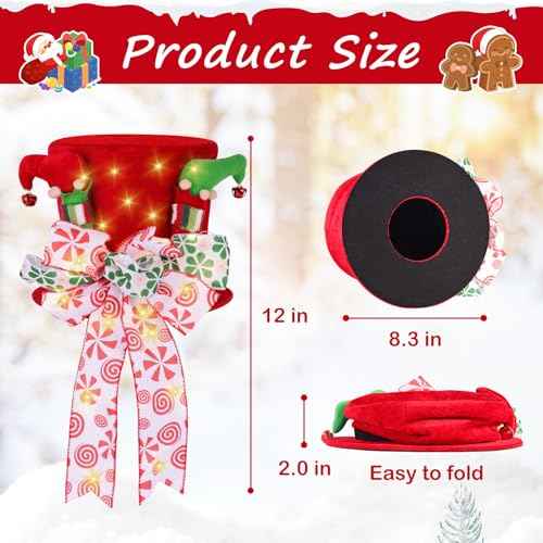 Christmas Tree Topper Hat, Large Red Bow Christmas Tree Topper, Lighted Red Velvet Hat with Elf Legs Christmas Tree Decorations, Tabletop Ornaments for Holiday Home Decor