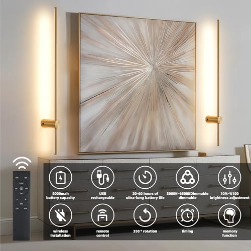 Brushed Gold 39.3-Inch Wireless Battery Wall Sconce Set of 2 with Dimming & Remote