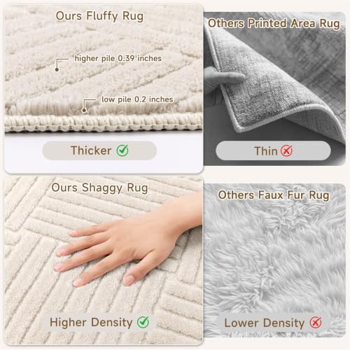 Beige 6x9 Living Room Area Rug - Geometric Shaggy Bedroom Mat