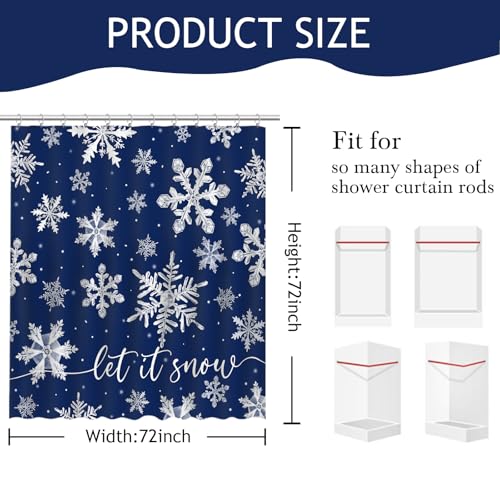 Blue Christmas Snowflake Shower Curtain Winter Snowflake Decorations Shower Curtain for Bath Snow Christmas Holidays Bathroom Decor Waterproof Fabric Shower Curtain with 12 Hooks (BLUE, 72''x 72'')