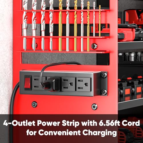 POKIPO Red Large Power Tool Organizer Wall Mount with Charging Station, 4 Layers, Heavy Duty Metal Shelf, 600 lbs Capacity