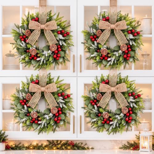 Dingion 12 Pcs Mini Christmas Wreaths for Cabinets with Pine Cones & Bows – 9 inch