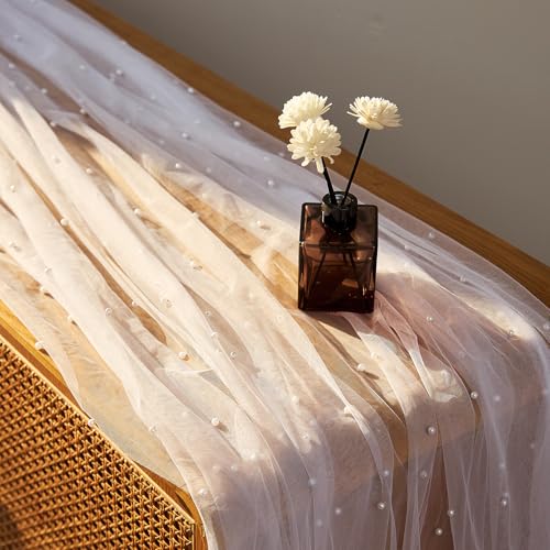 10 FT White Pearl Table Runner Tulle Fabric Lace Table Runners for Bridal Shower Birthday Party Wedding Arch Veil Dessert Table Decorations 29.5x120 Inches