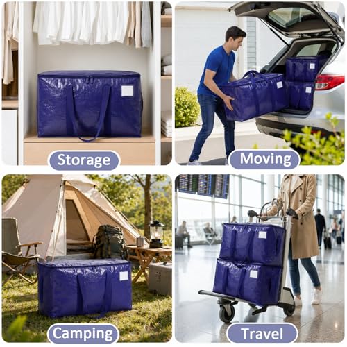 Heavy Duty Moving Bags 6 Pack - Extra Large Waterproof Storage Tote, Dark Blue