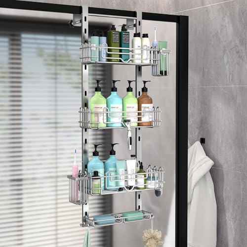 4-Tier Hanging Shower Caddy Organizer with 22 Hooks & Toothbrush Holders - Silver