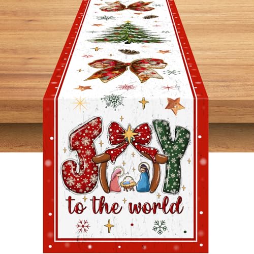 Christmas Table Runner,Jesus Joy to The World Table Runner,Bow and Christmas Tree Tabletop Cover,Red Xmas Seasonal Winter Holiday Tabletop Decorations for Home Indoor Kitchen Dining