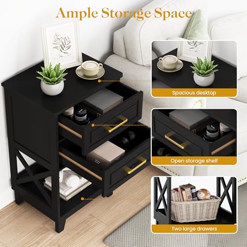 May in Color Nightstand Set of 2 with Open Shelf and Drawers, 30-Inch Tall Bedroom End Tables (Black, 18"Lx14"Wx30"H)