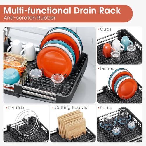 TOOLF Expandable Dish Drying Rack for Kitchen Counter - Black, Standard
