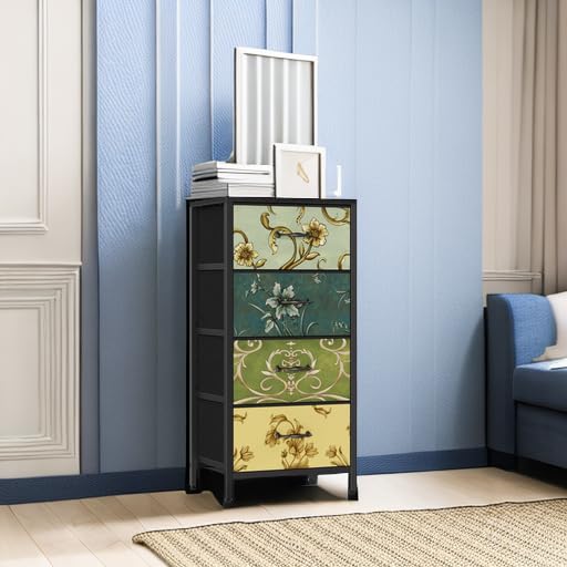 Furnulem 4 Drawer Dresser - Vintage Fabric Nightstand with Wooden Top - 11.8 x 15.8 x 31.5 Inches
