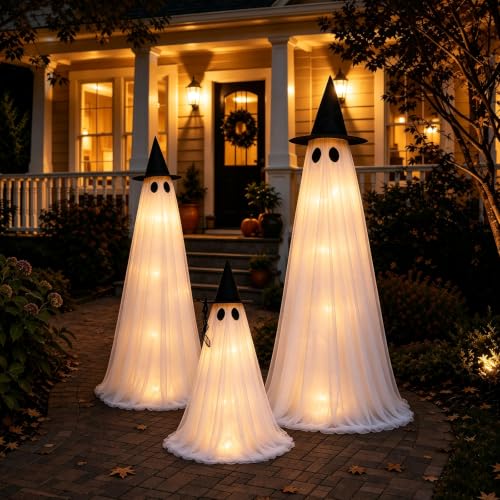 CheerBloom 3 Pack Light-Up Ghost Halloween Decorations Outdoor, Adjustable 6ft, 5ft, 2.6ft with Remote & Reusable Fabric