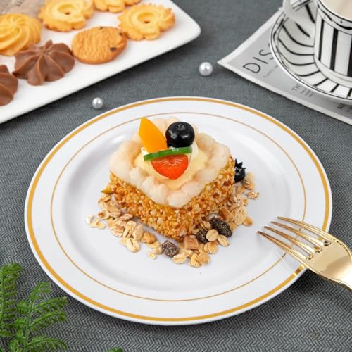 120 Pcs Disposable Dessert Plates with Gold Rim & Forks Set - 6.3 Inch for Weddings & Parties