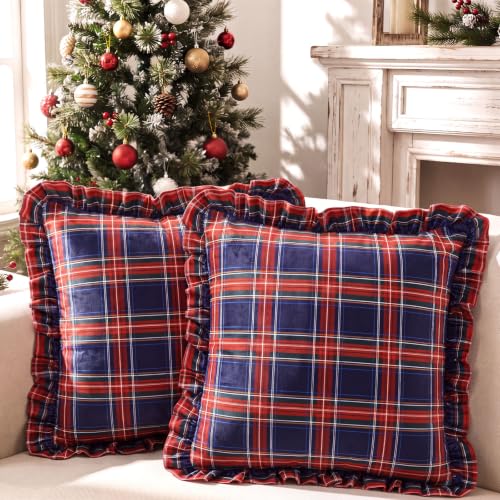 Irenare 2 Pack Christmas Plaid Ruffled Pillow Covers 18x18 Inch, Red & Navy Blue