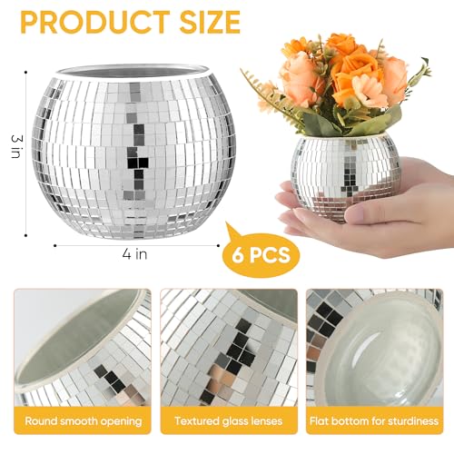 RGBDOT 6 Pack Disco Ball Vases with Silver Mirror Glass 3x4 Inches - Unique Disco Decor & Planters for Weddings & Parties