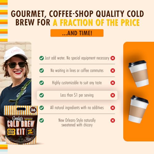 Grady’s Cold Brew Original Kit - 12 Ground Coffee & Chicory Pouches, Makes 36 Drinks — New Orleans Style, Variation 1