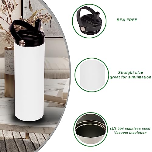 20oz Sublimation Sport Tumblers with 2 Lids - Flat Edge Stainless Steel Insulated Cups, White, 8 Pack with Flex Handle Lid