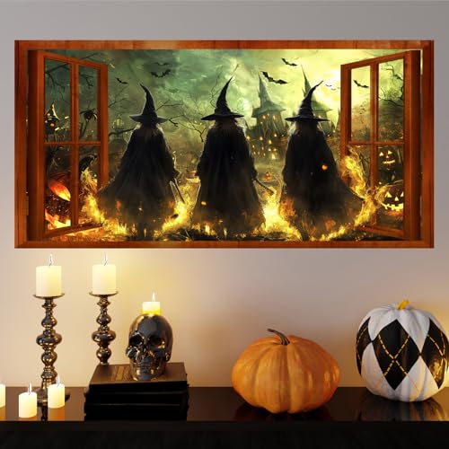 Halloween Witch Wall Stickers 3D Halloween Scene Fake Window Wall Decals Picture Large Holiday Mural Wallpaper Peel and Stick 3D Witches Wall Decor for Bedroom Living Room Home Decoration