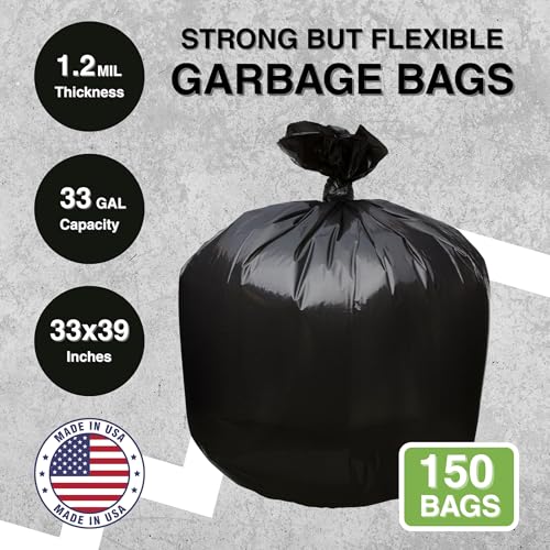 33-Gallon Heavy-Duty Trash Bags 1.2 Mil Thick Black 150 Pack - Made in USA