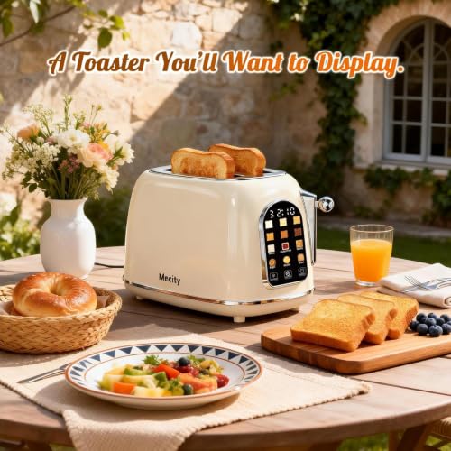 Mecity Cream 2-Slice Retro Touch Screen Toaster with Wide Slots & Multiple Settings