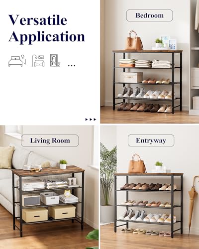 Kitsure Brown Shoe Rack for Closet, 29.5-Inch Wide, 4 Tiers, Rustic Storage