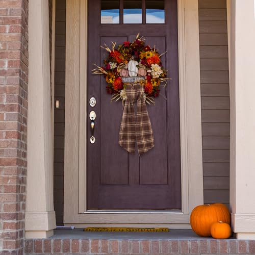 Fall Wreath Sash for Front Door, Red Brown Buffalo Plaid Sash Holiday Autumn Wreath Accessories for Home Birthday Christmas Decorations