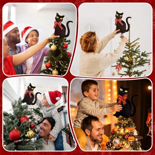 Black Cat Christmas Tree Topper for Halloween & Holiday Decor - 11.8 Inch