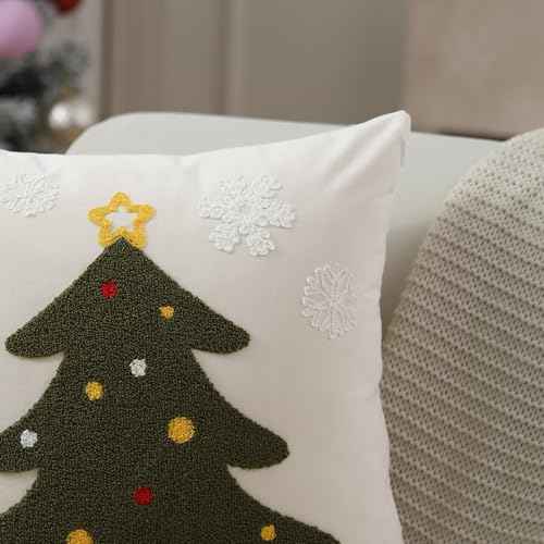 Christmas Pillow Covers 18x18 inch Set of 2 Forest Green Christmas Tree Snowflakes Embroidery Velvet Throw Pillow Winter Holiday Christmas Decorations for Sofa Living Room PT-001A18