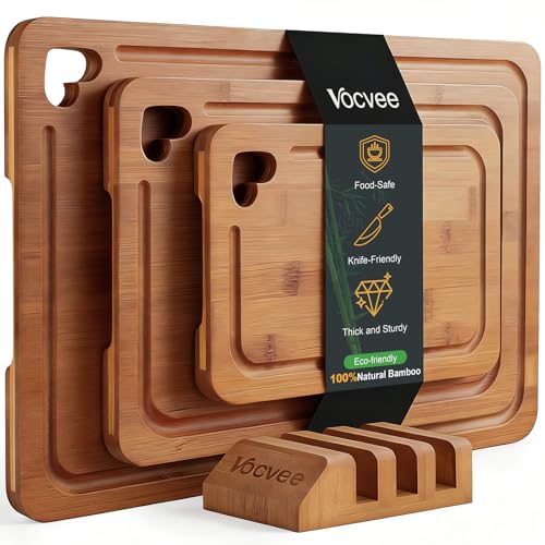 Bamboo Cutting Boards Set of 3 with Storage Stand - Reversible Chopping & Charcuterie Boards for Kitchen