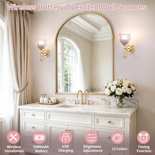 Set of 2 Pink Tulip Battery Operated Wall Sconces with Remote, Dimmable & Rechargeable 5000mAh Lights for Bedroom & Living Room