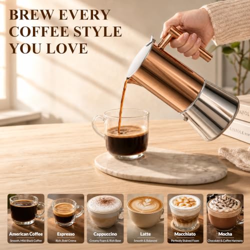 Newdehanm 20oz Rose Gold Stainless Steel Moka Pot - 12-Cup Stovetop Espresso Brewer
